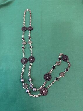 Long Statement Necklace Flower Design Black & Gray Tone Rhinestones